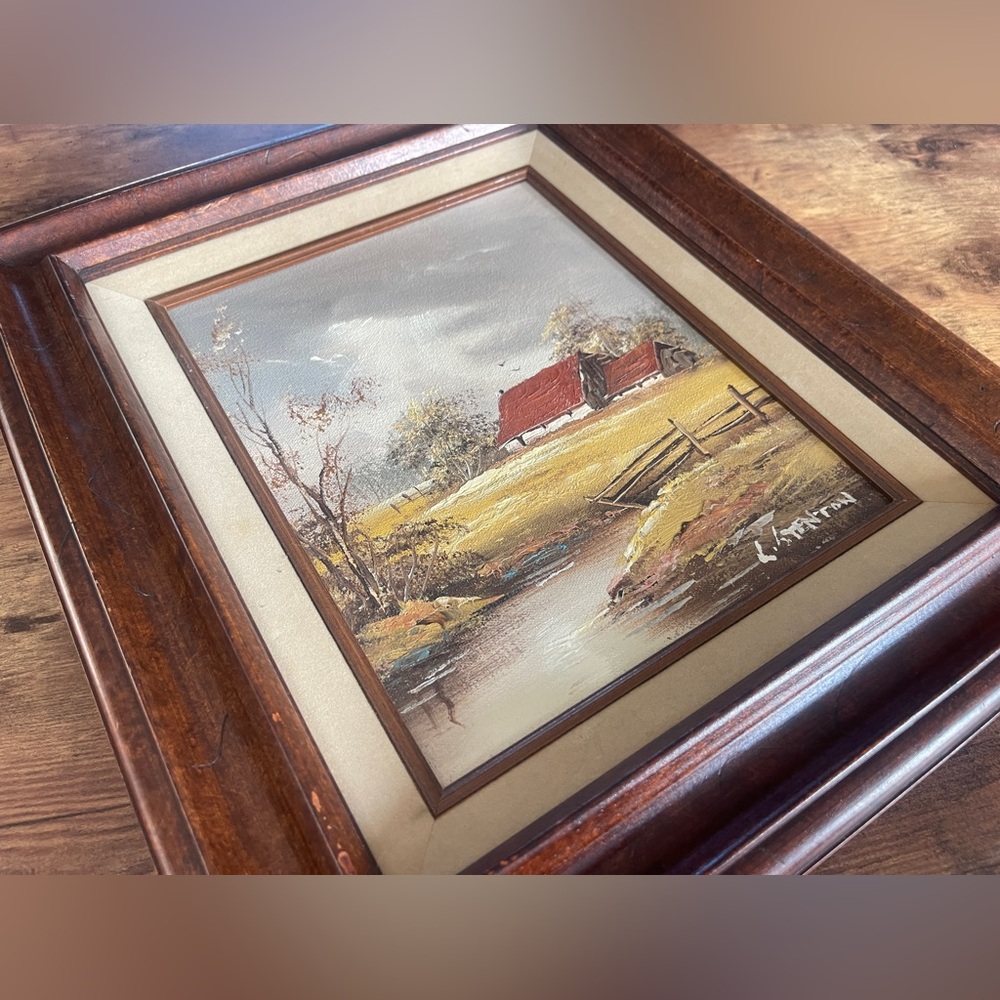 Beautiful wood frame oil painting of farm with appraisal